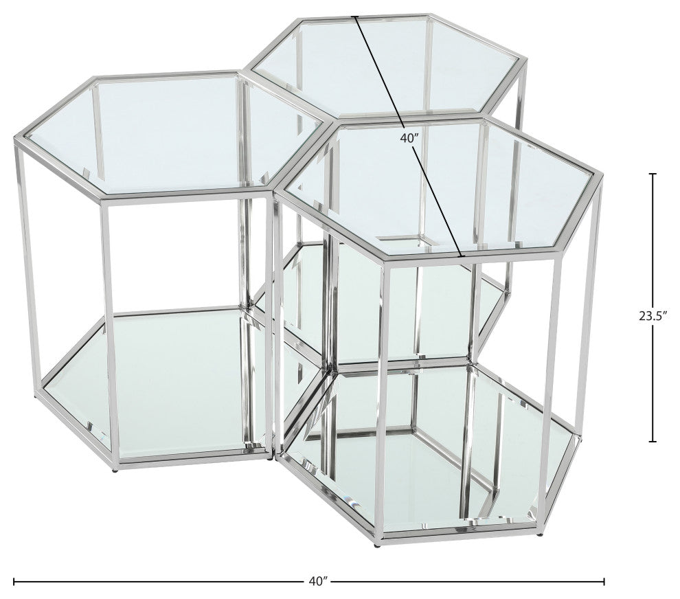 Sei Glass Top End Table with Mirrored Base, Chrome, 3 Piece