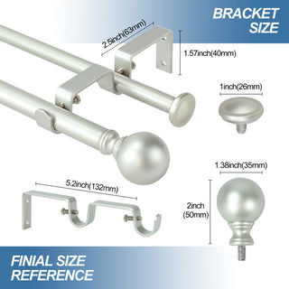 Ball Adjustable Double Curtain Rod Set, 5/8", Pewter, 28"-48"