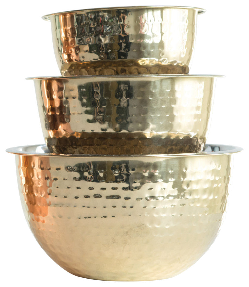 Hammered Stainless Steel Bowls, Gold Finish, 3-Piece Set