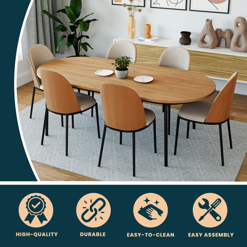 LeisureMod Tule 83" Oval Dining Table With MDF Top and Steel Legs, Natural Wood