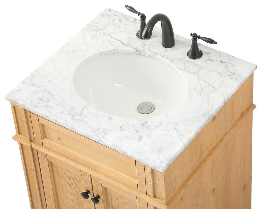 Home Living Vanity with Carrara White Marble Countertop, Natural Wood, 24", Single Sink