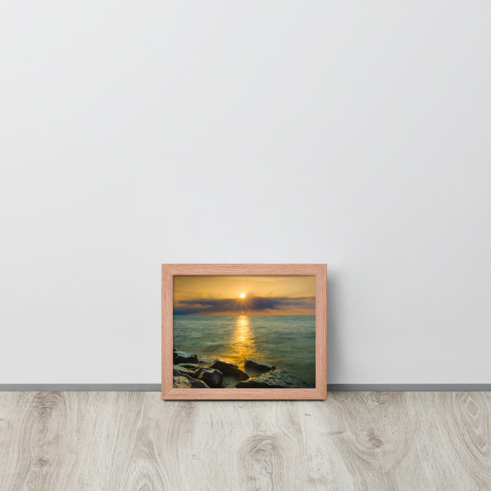 Sun Ray on the Water Coastal Landscape Framed Photo Paper Wall Art Print, Red Oak, 8" X 10"