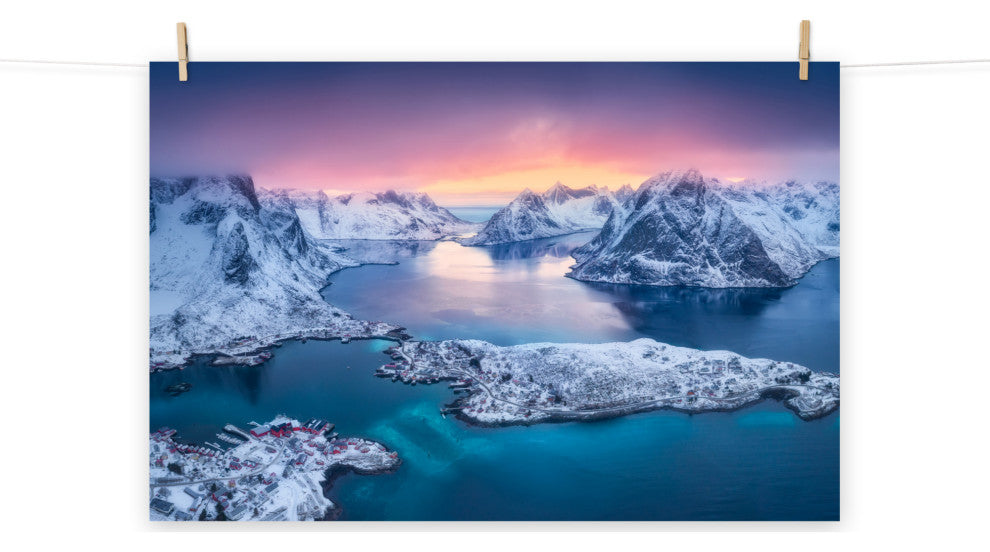 Reine at Winter Sunset Icy Mountain Landscape Photo Loose Wall Art Prints, 11" X 14"