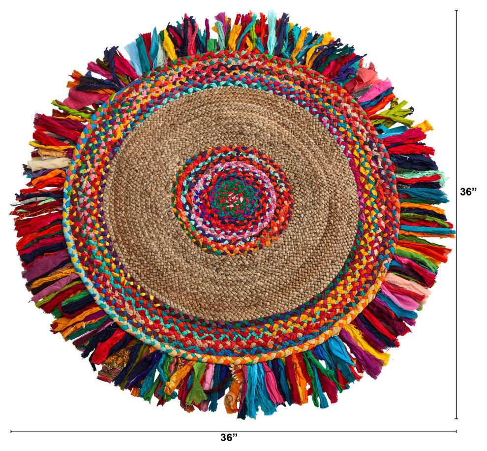 3' x 3' Handmade Woven Chindi Jute Rug With Colorful Fringe