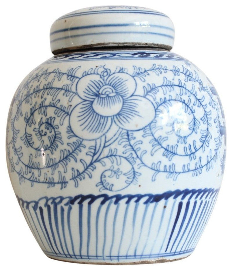 Blue and White Porcelain Double Happiness Ginger Jar Lotus Motif 6"