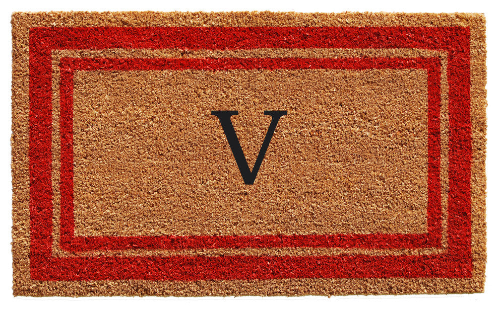 Red Border 18"x30" Monogram Doormat, Letter V