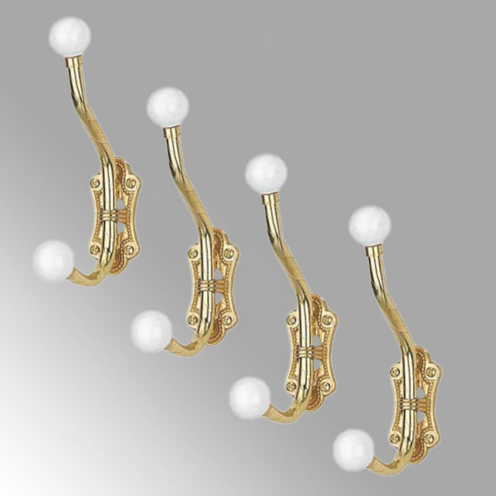 Double Coat Hook 6.25" L Brass Polished White Porcelain Ball Tip Style Pack of 4