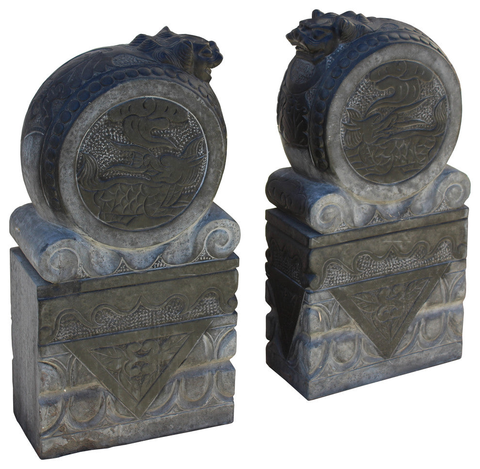 Chinese Pair Gray Black Stone Fengshui Foo Dogs Door Block Drum Statue Hcs4769