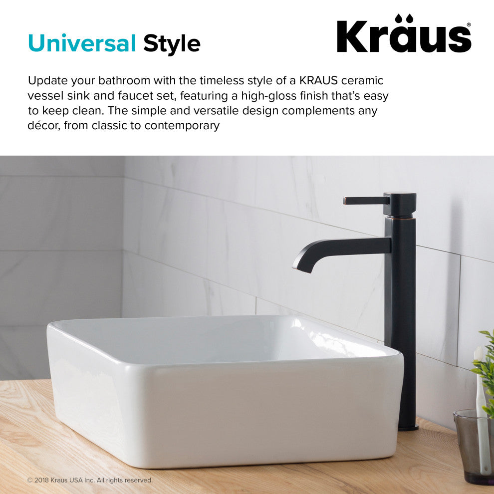 Elavo Square Ceramic Vessel Sink, Bathroom Ramus Faucet, PU Drain, Oil Rubbed Bronze