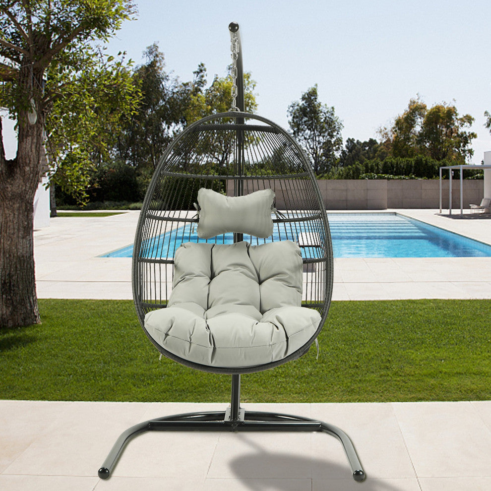 Outdoor Patio Swing Chair Egg Hanging With Cushion and Pillow, Black Beige