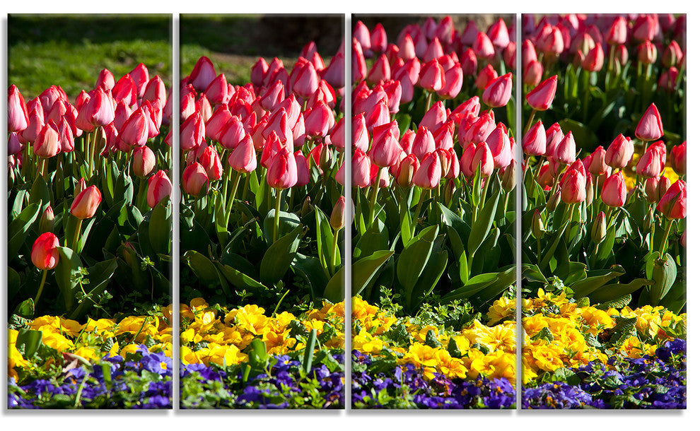 Red Tulips with Yellow Purple Flowers, Flower Canvas Print, 48"x28", 4 Panels