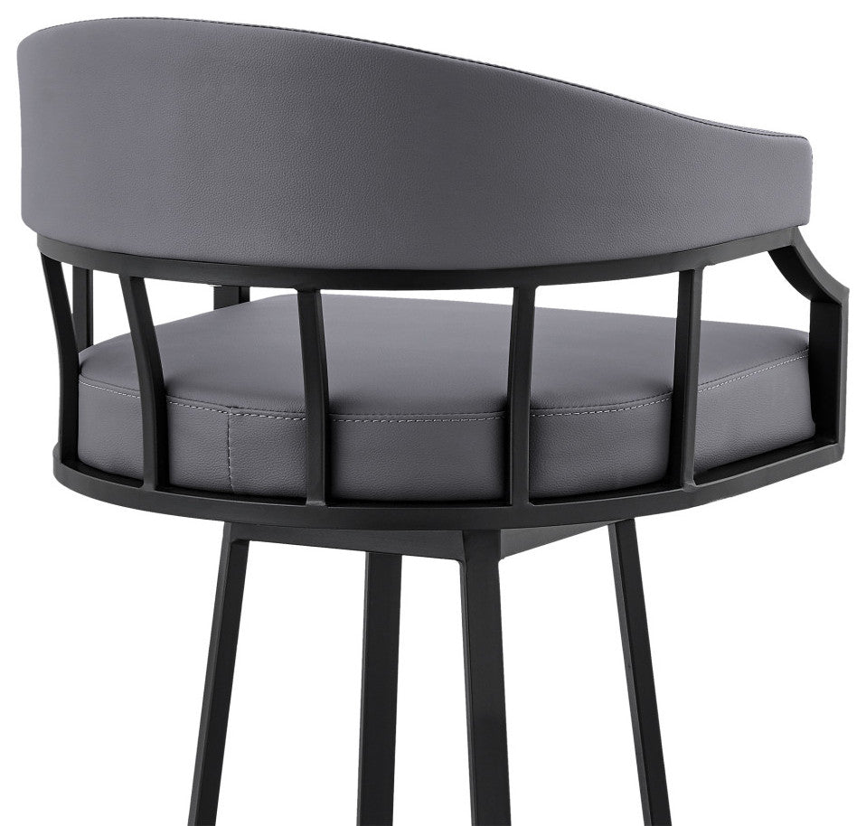 Valerie Swivel Brown Faux Leather and Java Brown Metal Bar Stool, Gray/Black, Bar Height