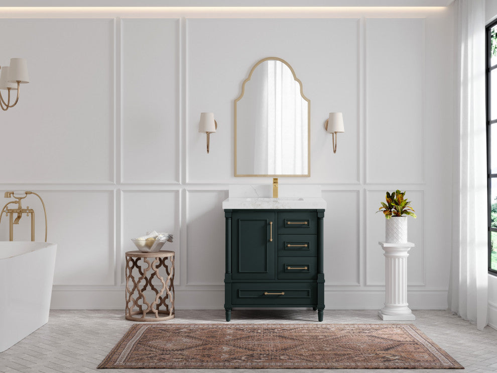 Aberdeen 30 Single Sink Bath Vanity in Dark Forest Green 2" Calacatta Nuvo