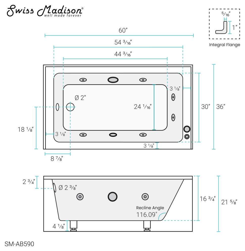 Avancer 60"x36" Alcove Whirlpool Bathtub With Apron, Left Hand Drain
