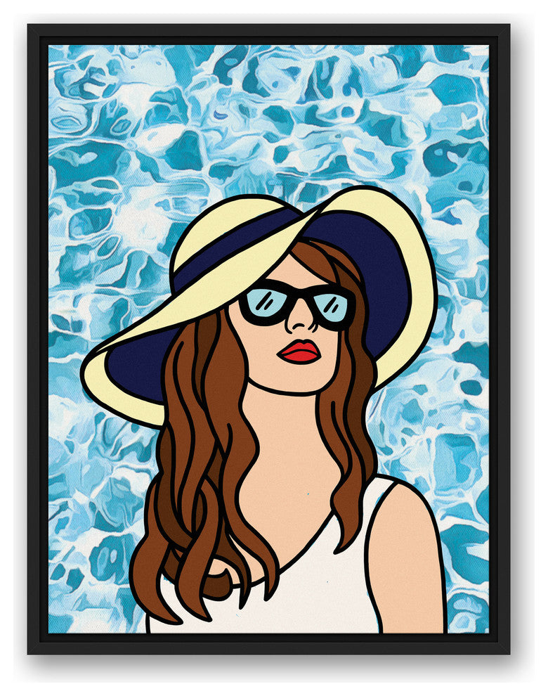 Woman At The Pool 18x24 Black Floating Framed Canvas