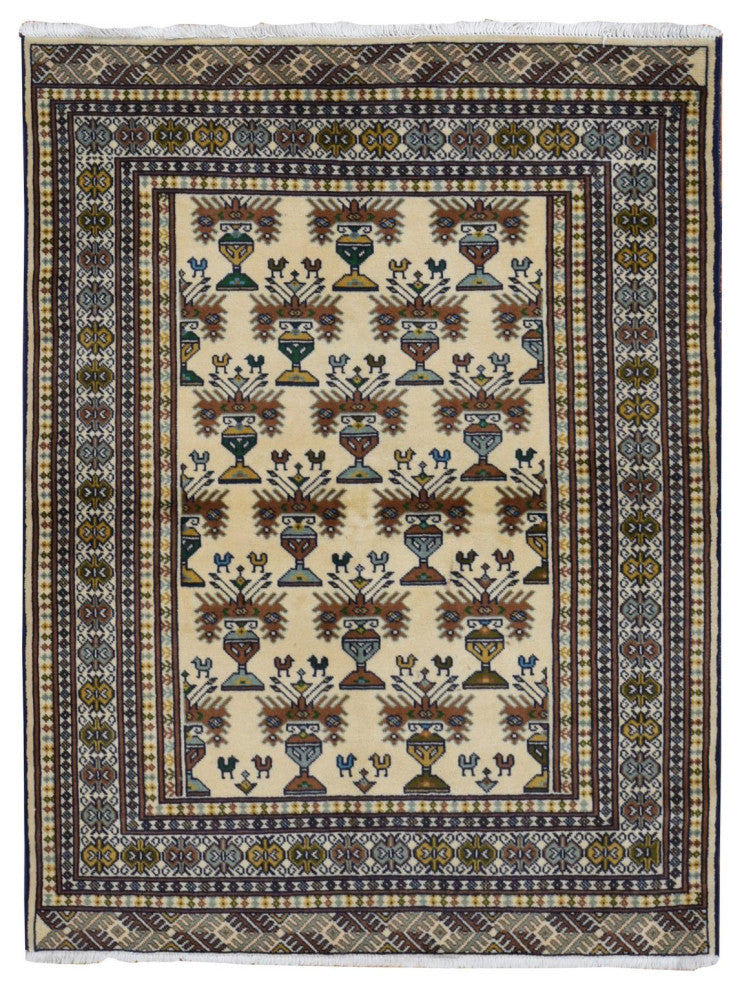 Cream Color Hand Knotted Pure Wool Turkoman Bokara Rug 4'3" x 5'7"