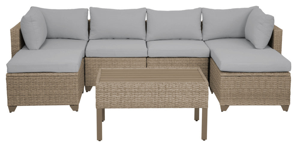 Maui 7-Piece Outdoor Conversation Set, Two Ottomans, Coffee Table, Stone