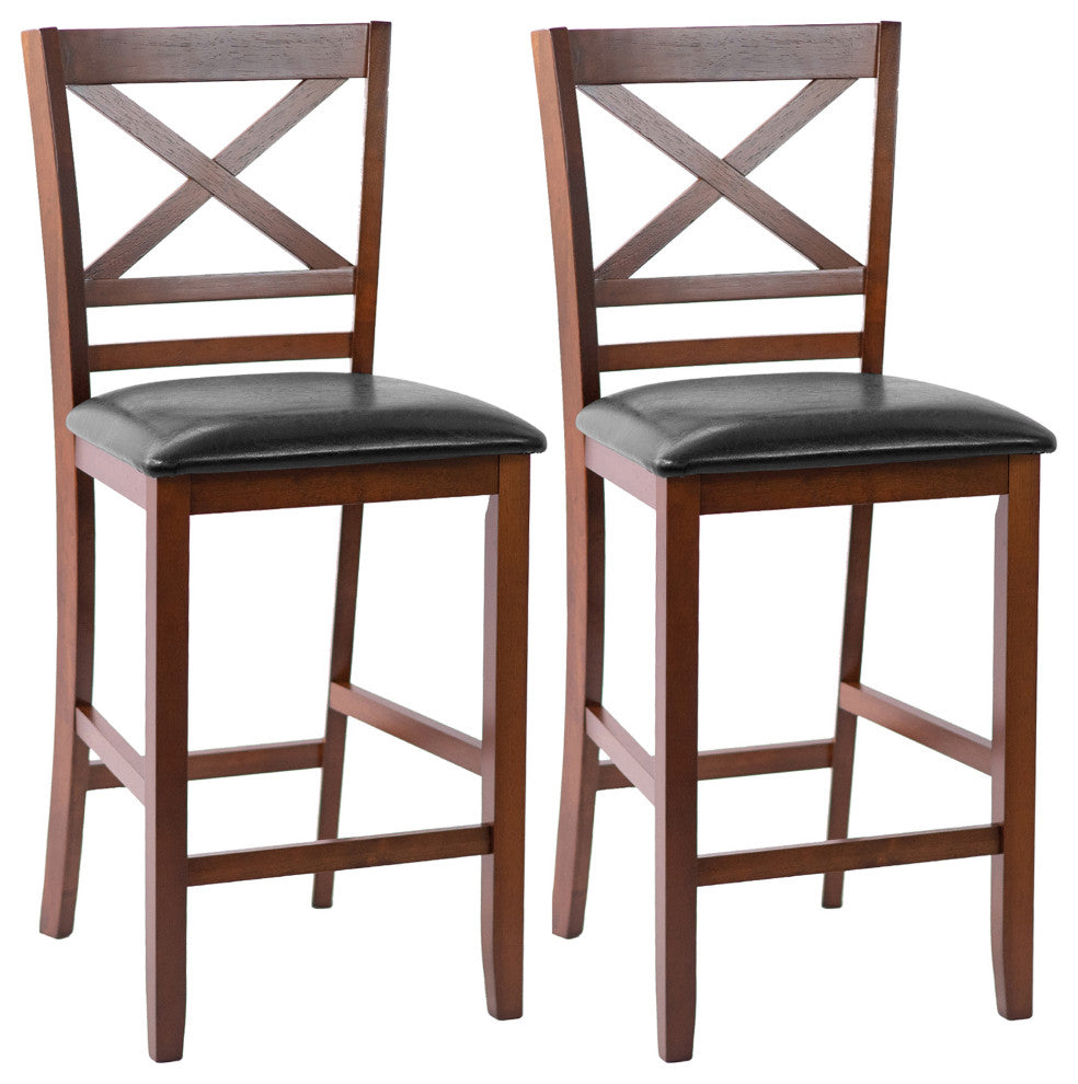Costway Set of 2 Bar Stools 25'' Counter Height Chairs w/PU Leather Seat Walnut