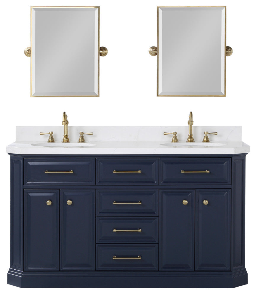 Palace 60" Double Sink White Quartz Countertop With Mirror, Blue