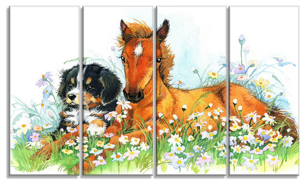 Relaxing Brown Cute Horse, Animal Canvas Art Print, 48"x28", 4 Panels