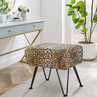 Leopard Faux Fur Ottoman, 19''x13''x17''