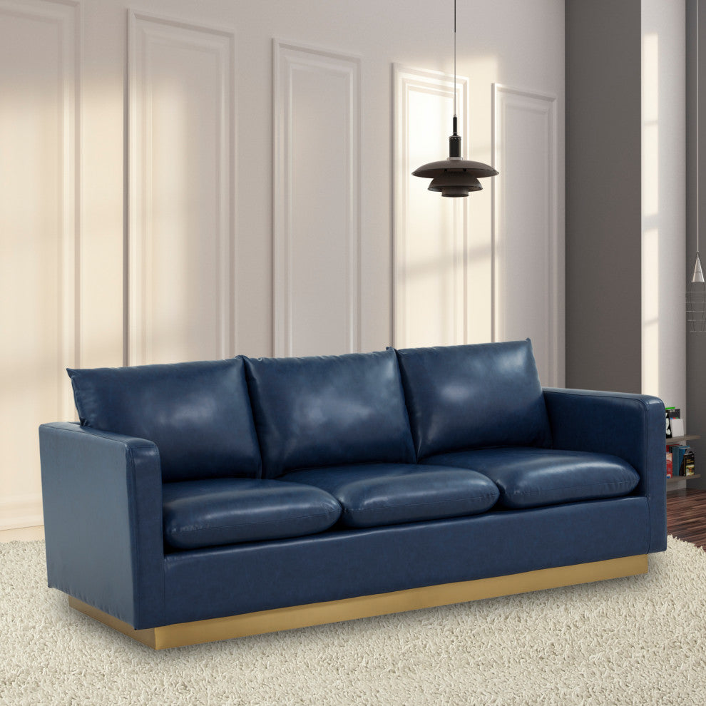 Leisuremod Nervo Modern Mid-Century Upholstered Leather Sofa With Gold Frame