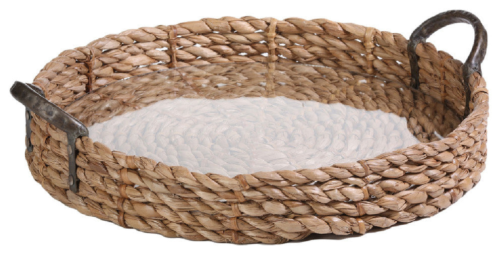 20" Diameter Seagrass Serving Tray with Glass Insert