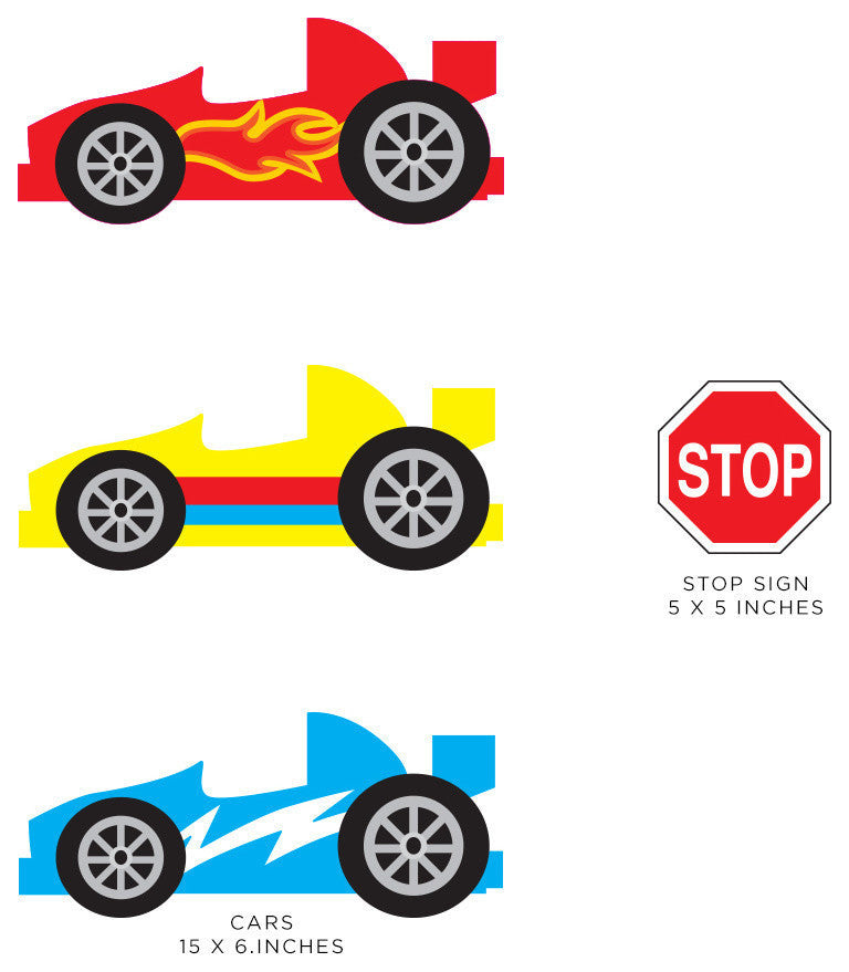 Race Cars Fabric Wall Decal, Set of 3, Red, Blue, and Yellow