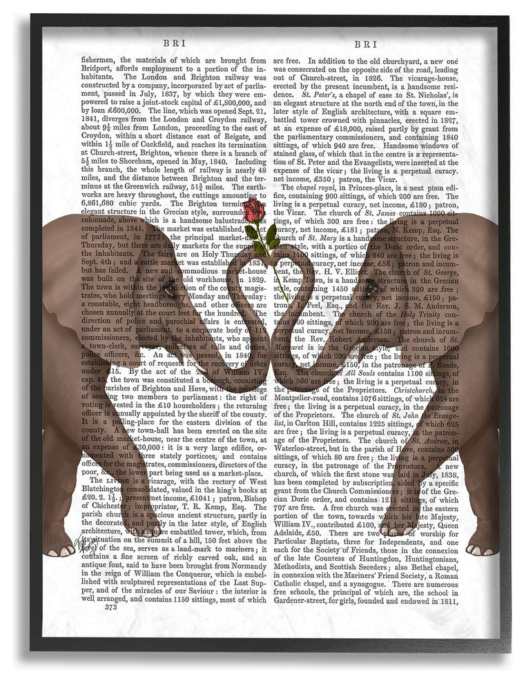 Elephants Heart Rose Book Page Illustration Framed Giclee Art, 11"x14"