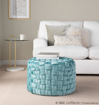 Braided Round Ottoman, Ice Blue Velvet, 24"