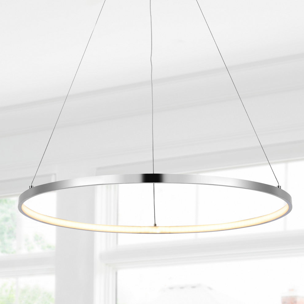 Circulo Metal Round Modern LED Pendant, Chrome, Width: 23.75"