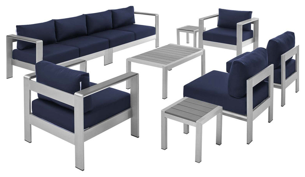Sectional Sofa Chair Table Set, Sunbrella, Aluminum, Silver Blue Navy, Outdoor