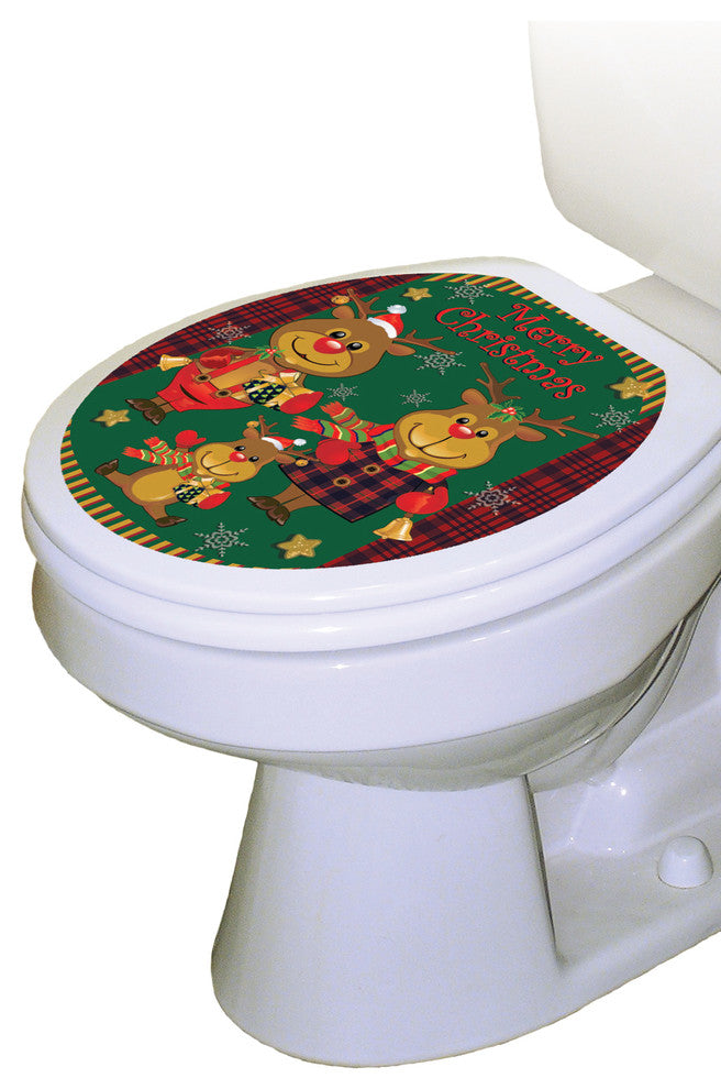 Reindeer Family Toilet Tattoos Seat Cover, Vinyl Lid Decal, Christmas Bathroom, Round