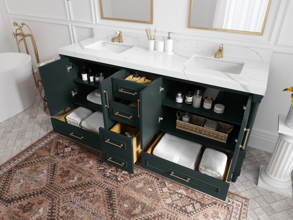 Aberdeen 72 Double Sink Bath Vanity in Dark Forest Green 2" Calacatta Nuvo