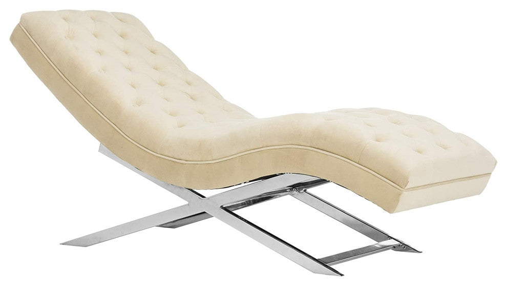 Modern Beige Velvet and Chrome Chaise with Headrest Pillow
