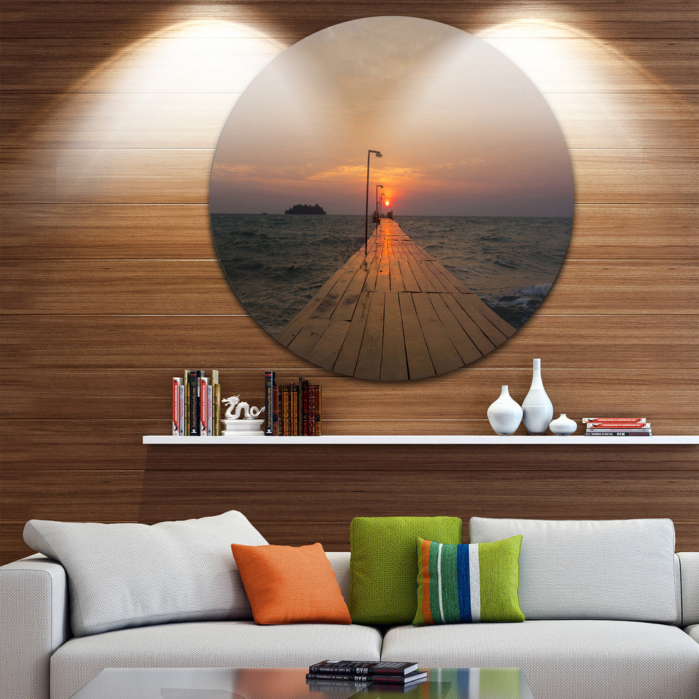 Pier At Koh Rong Island, Modern Beach Round Metal Wall Art, 36"