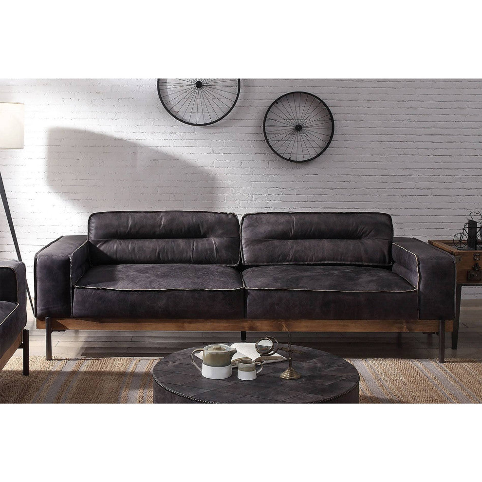 Top Grain Leather Sofa with Metal Legs in Antique Ebony