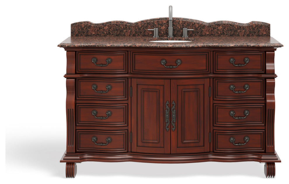 60 inch Cherry Wood Hopkinton Bathroom Sink Vanity Baltic Brown Stone Top, Cherry, 60", Single Sink, Freestanding, With Mirror