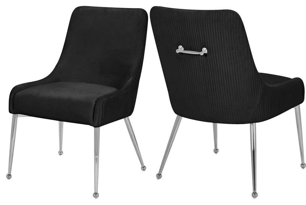 The Ace Dining Chair, Black and Chrome, Pleated Velvet, Set of 2