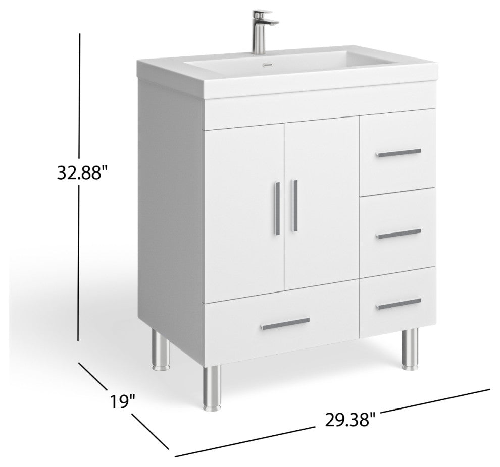 The Latitude Bathroom Vanity, White, 30", Single Sink, Freestanding