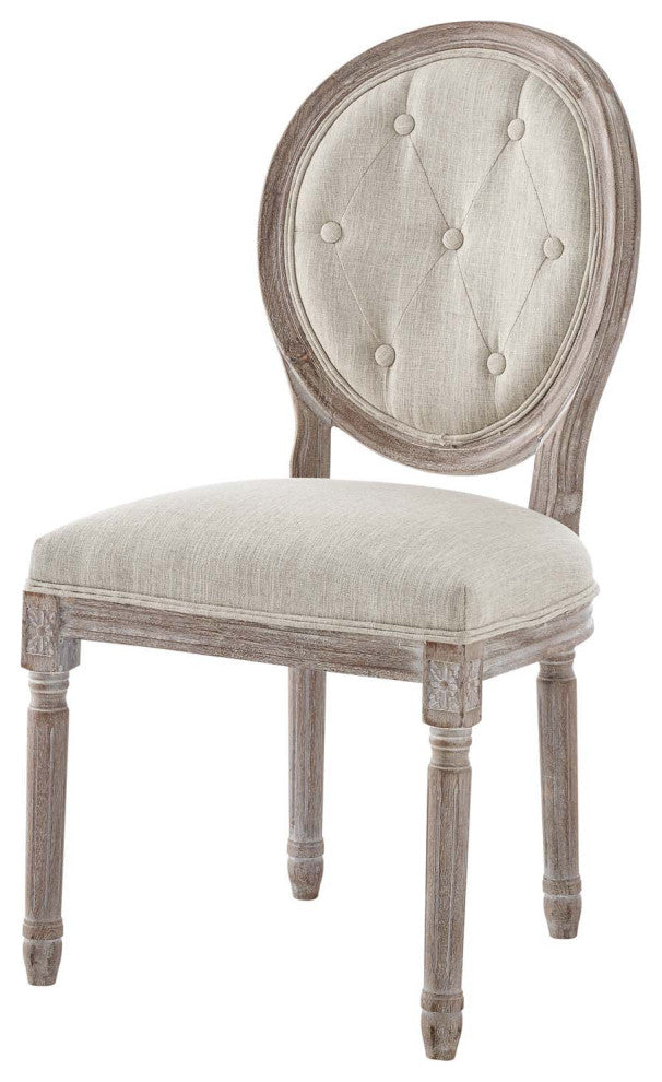 French Vintage Side Dining Chair, Fabric, Wood, Beige, Modern, Bistro Restaurant