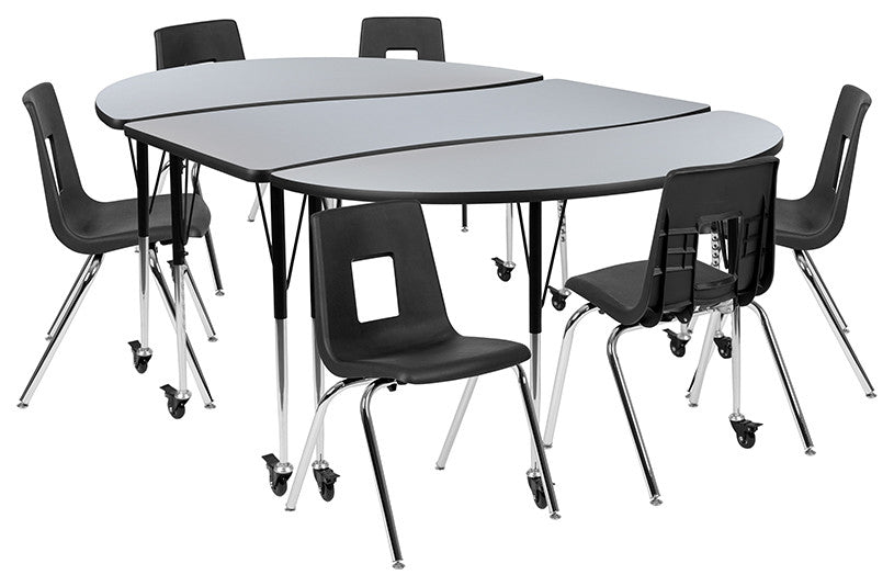 86" Oval Wave Flexible Laminate Activity Table Set 18" Student Stack Chairs Gray