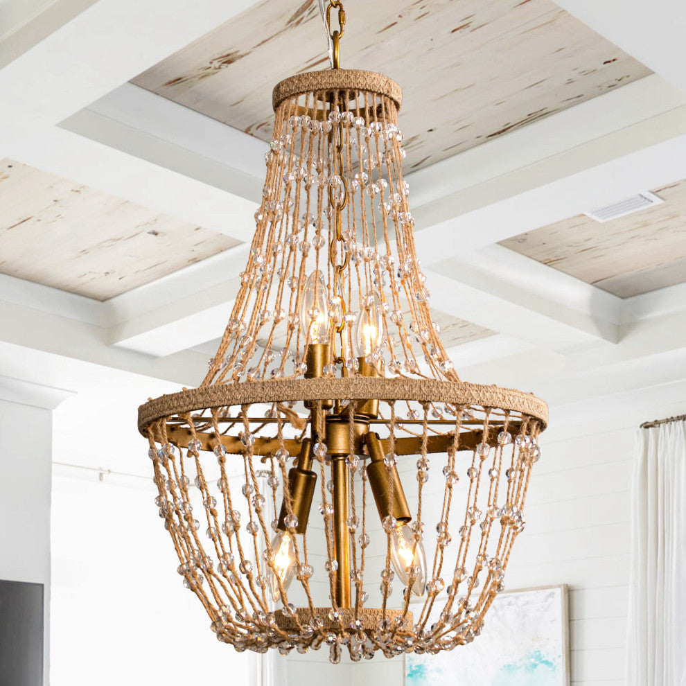 4-Light Farmhouse Chandelier With Jute Rope and Crystal Shade