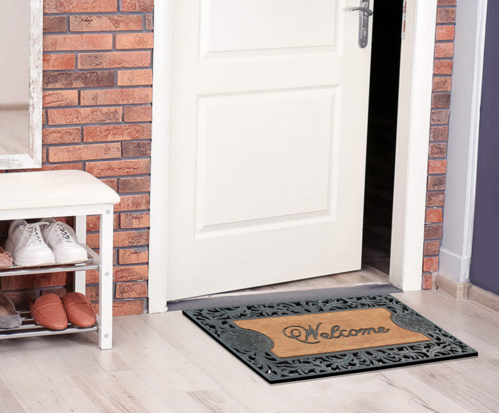 A1HC Welcome Floral Border Rubber and Coir Outdoor Doormat, 23"x38", Black