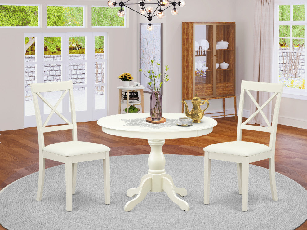 3 Pc Dining Set, Linen White Wood Table, 2 Linen White Faux Leather Chairs