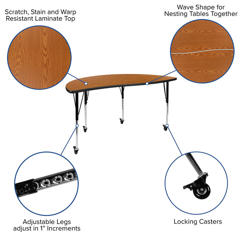 3 Mobile Piece 86" Oval Wave Activity Table Set - Standard Height Adj Legs, Oak
