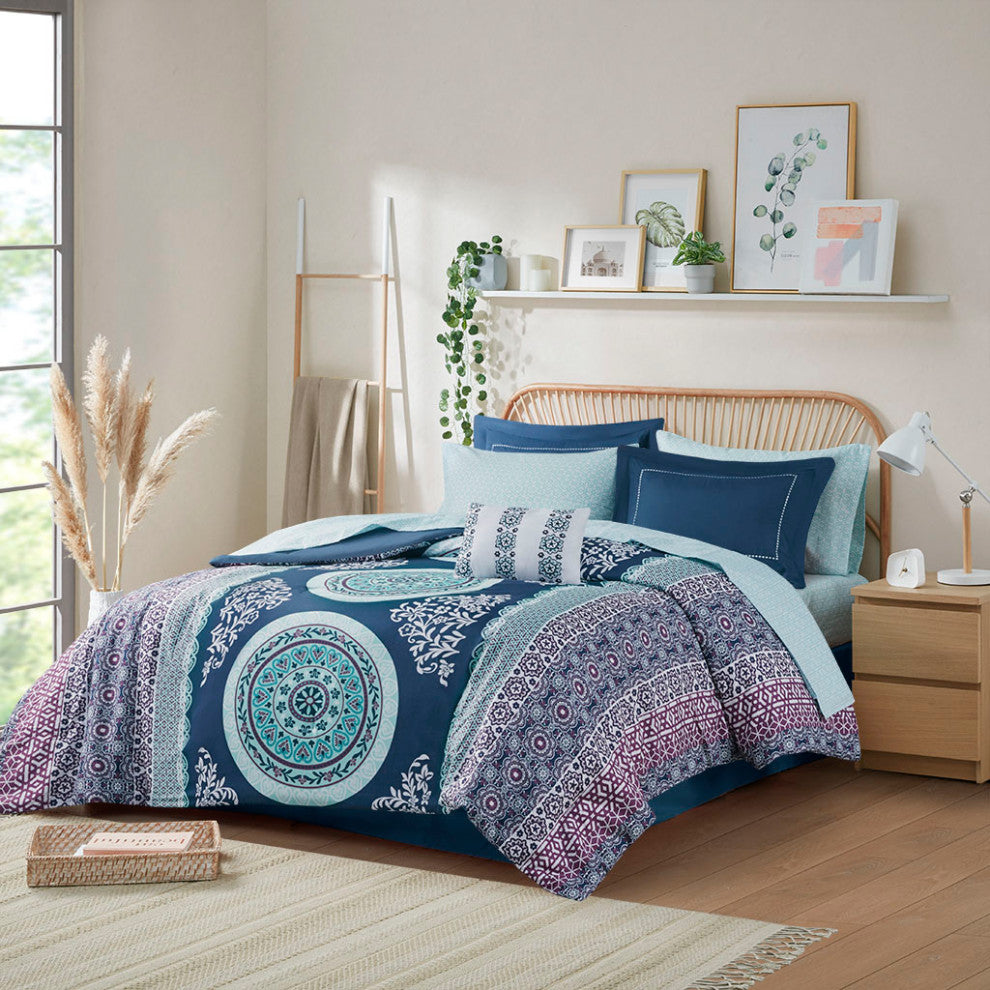 Intelligent Design Loretta Boho Comforter Set With Bed Sheets, Navy