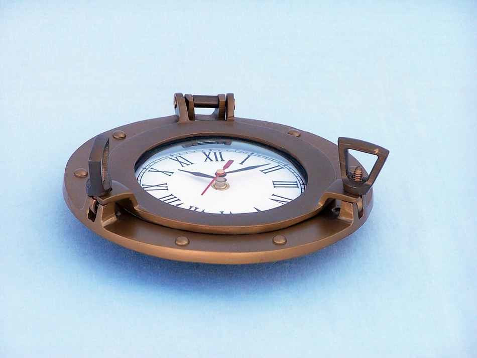 Decorative Ship Porthole Clock, Antique Brass, 12"