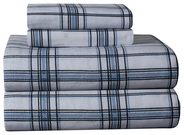 Pointehaven 170 Flannel Sheet Set, Blue Plaid, Twin Xl