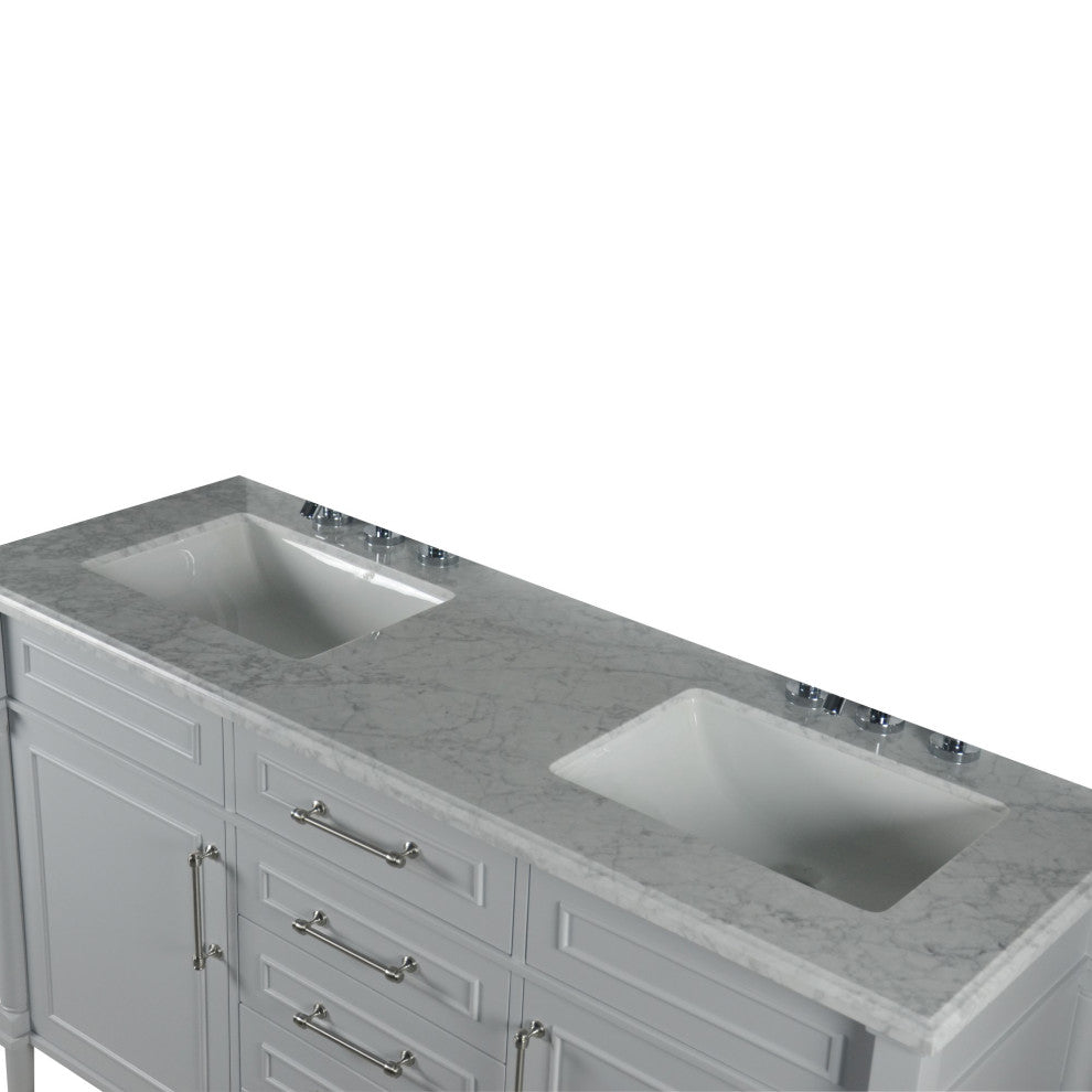 60" Double Vanity, Light Gray With White Carrara Marble Top